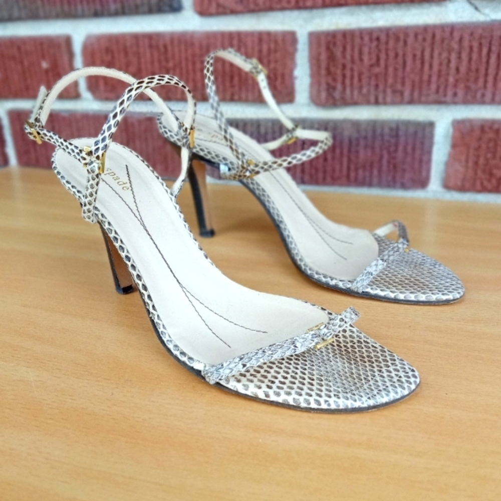 Kate Spade Snake Embossed Leather Strappy Heeled Sandals in Taupe Snake Sz. 8.5